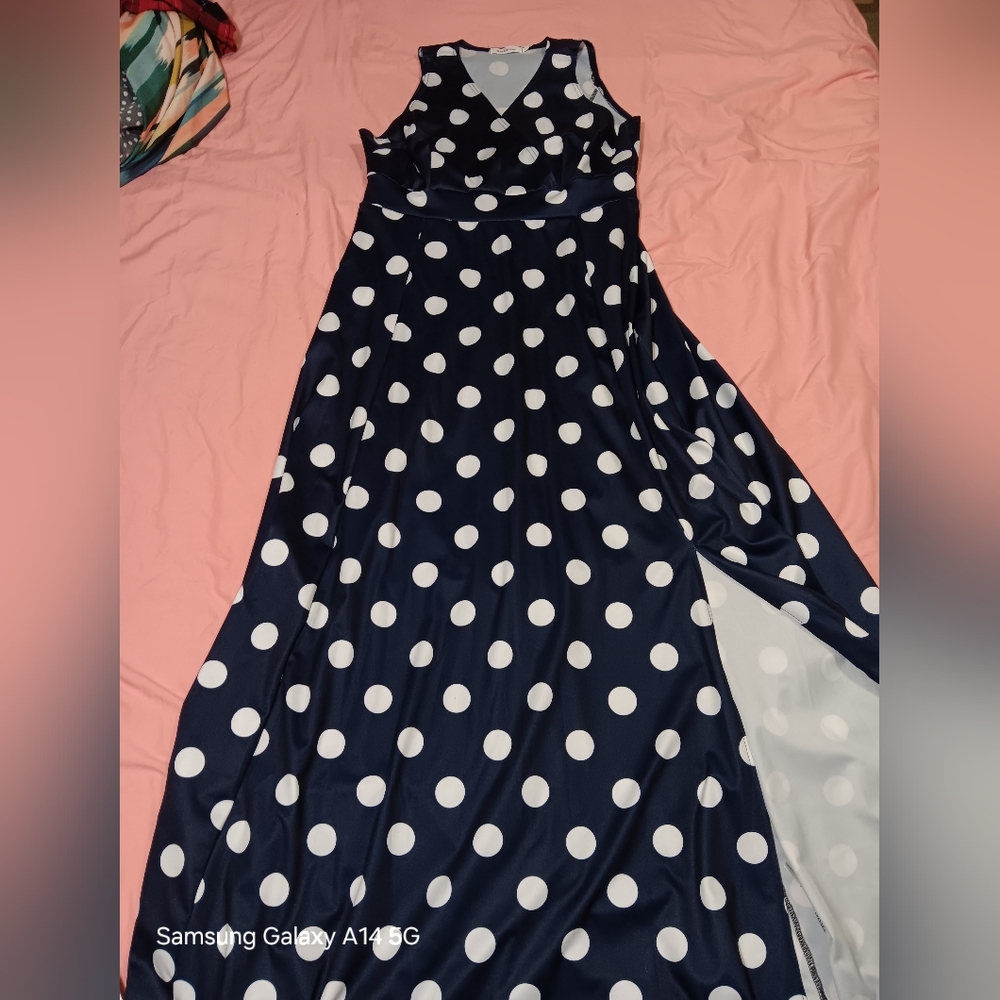 Dao Cai Maxi Dress Navy Blue White Polka Dots 2XL
